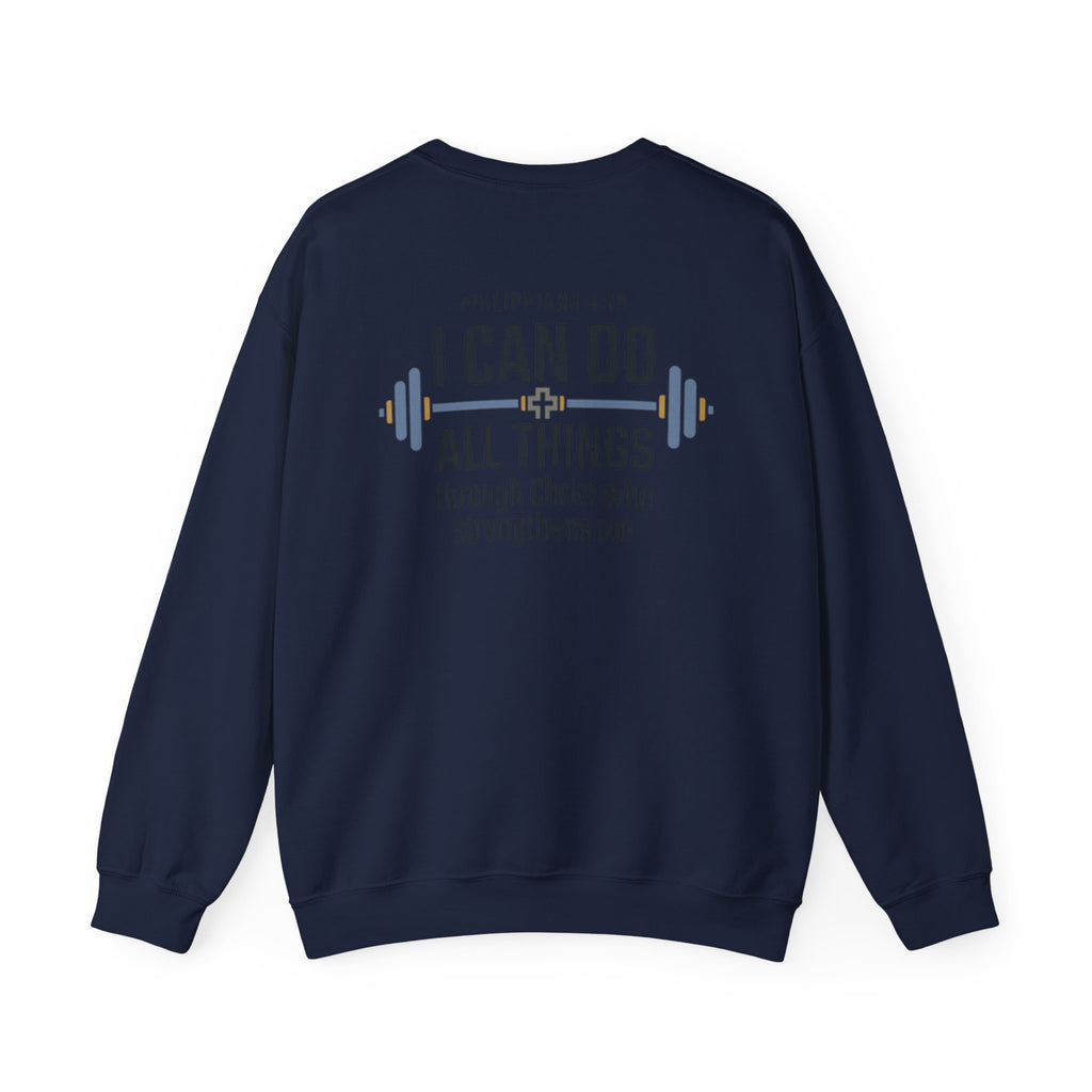 Christian Fitness Sweatshirt — “I Can Do All Things” Barbell Crewneck