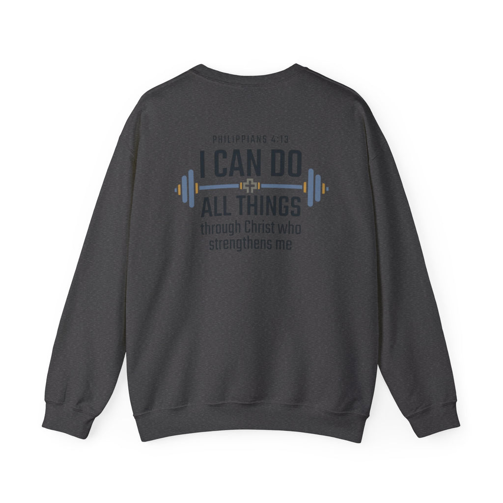 Christian Fitness Sweatshirt — “I Can Do All Things” Barbell Crewneck