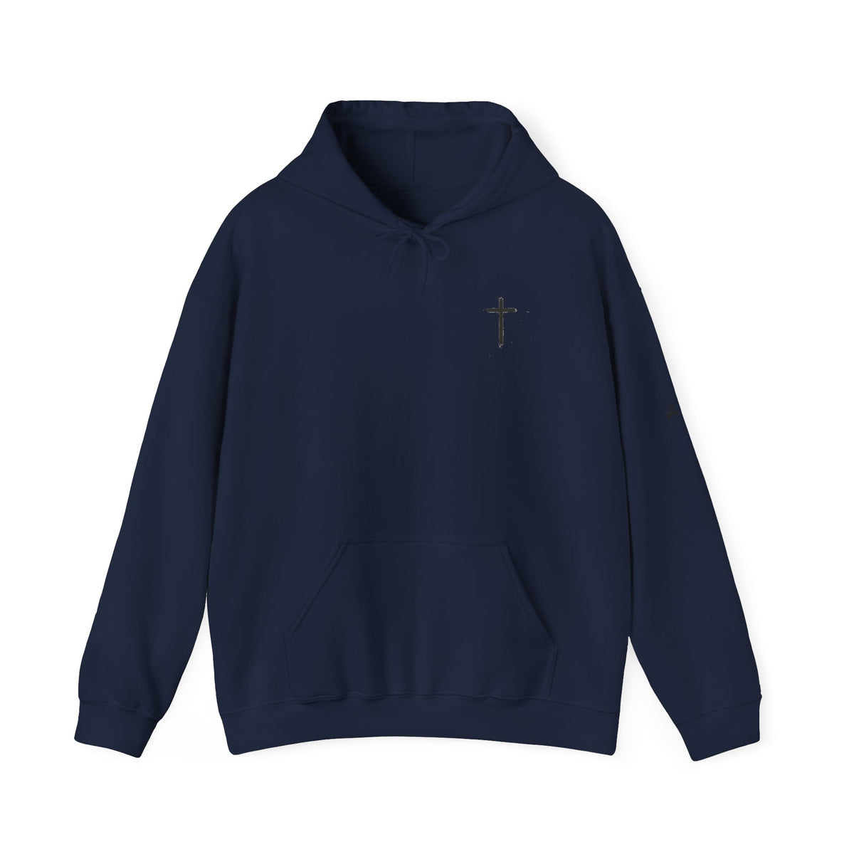 Minimal Cross Hoodie — Small Chest Christian Cross Pullover