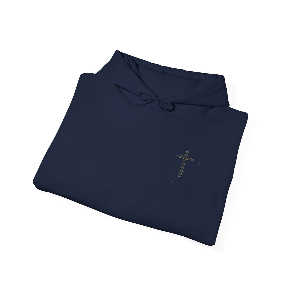 Minimal Cross Hoodie — Small Chest Christian Cross Pullover