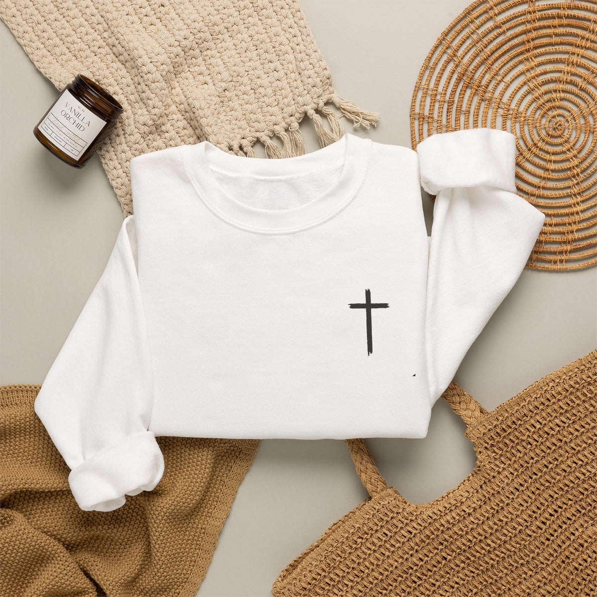 Crewneck Sweatshirt – Minimal Cross Chest Christian Design