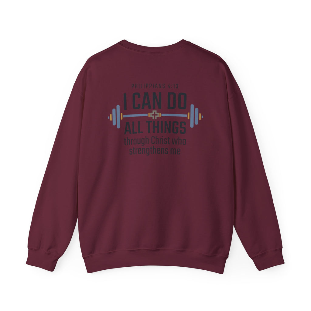 Christian Fitness Sweatshirt — “I Can Do All Things” Barbell Crewneck