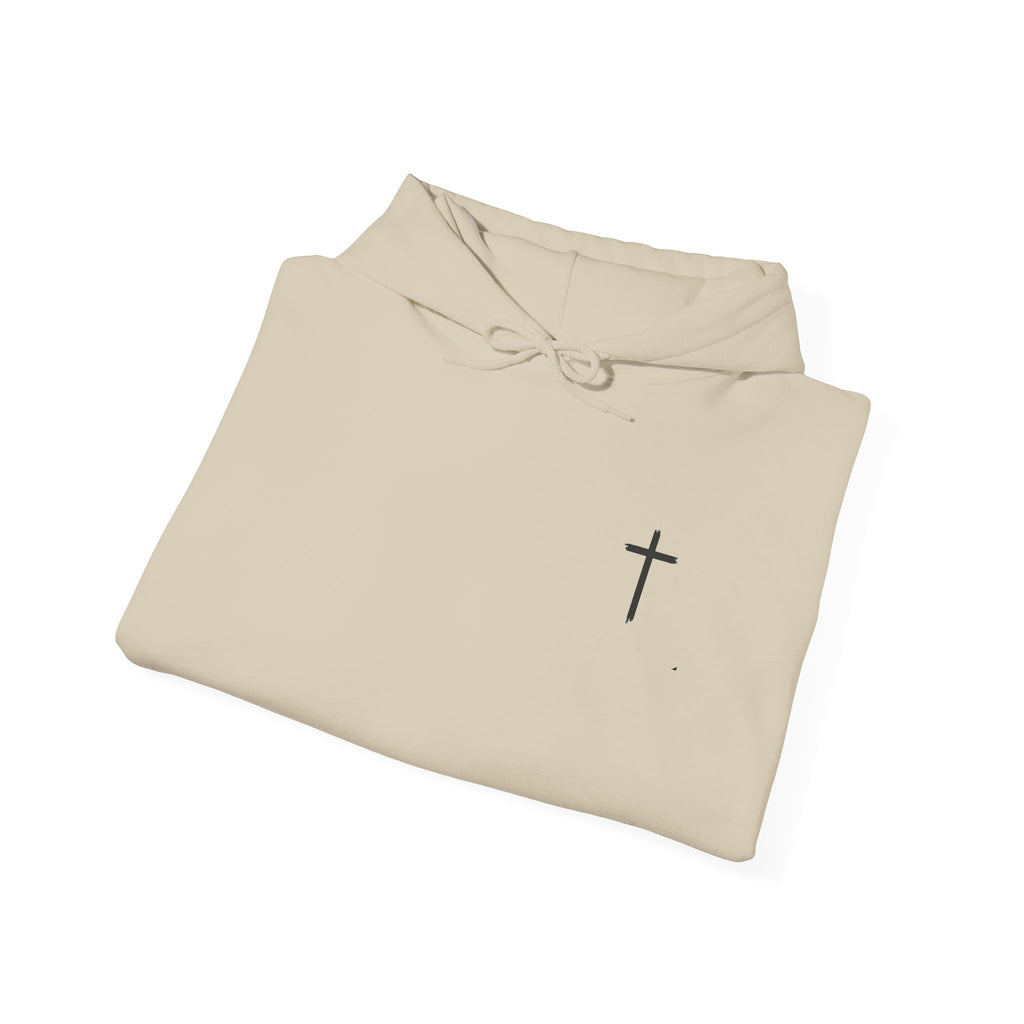 Minimal Cross Hoodie — Small Chest Christian Cross Pullover